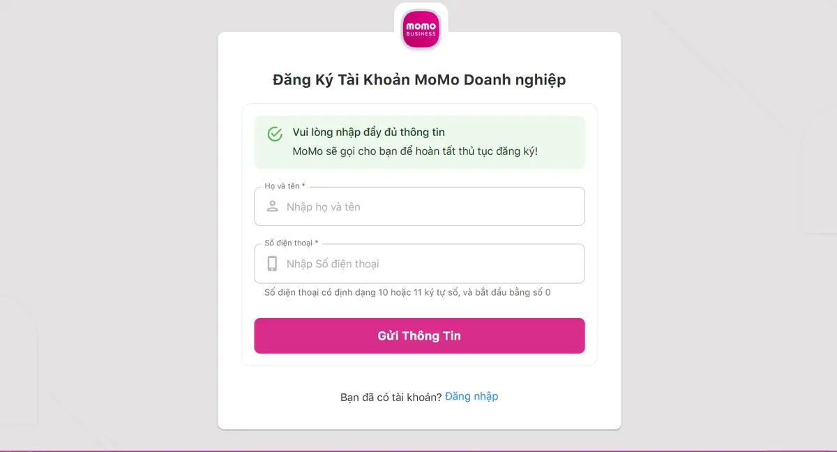 Điều kiện tích hợp thanh toán Momo vào website là bạn phải có tài khoản Momo Doanh Nghiệp.